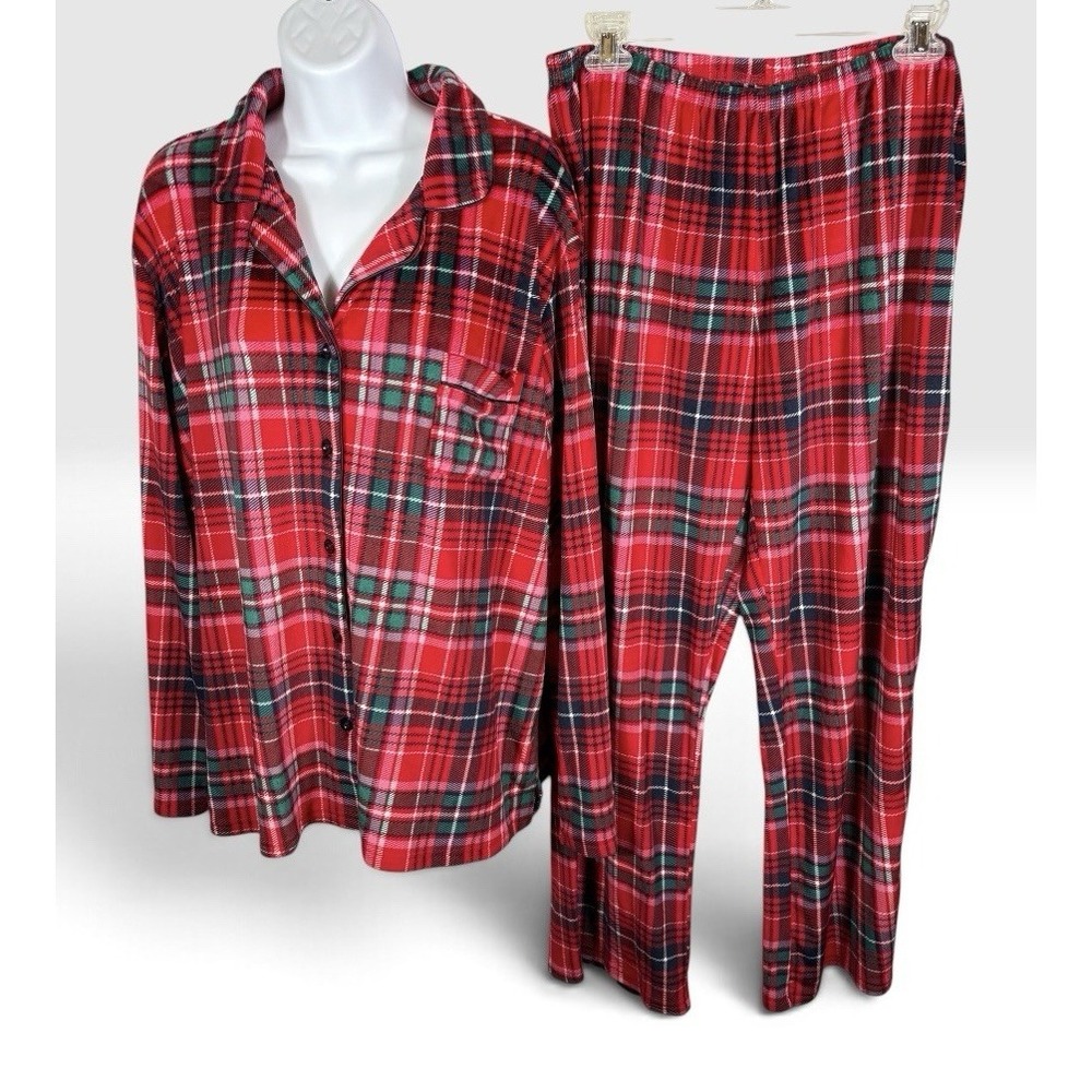 LAURA ASHLEY Women's Plaid Pajama Set 2PC Button XL Cozy Soft Red & Green -2296